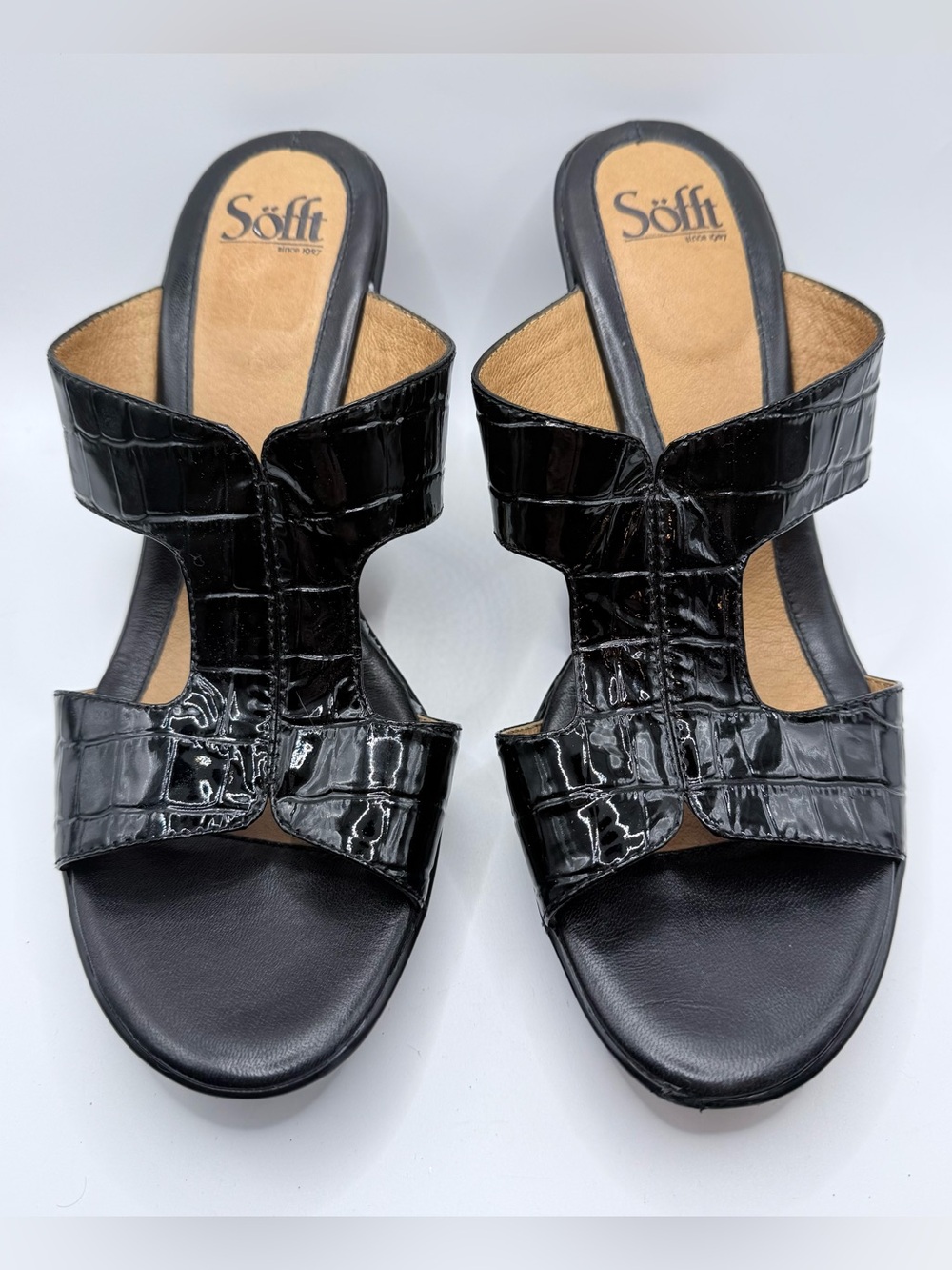 Söfft Black Croc Embossed Patent Leather Mule Heels Size 10 EUC